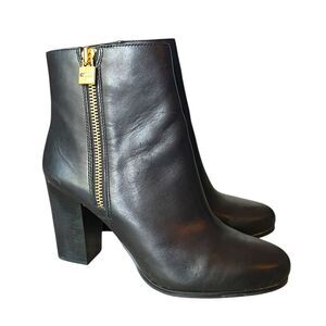 Michael Kors Black Leather Heeled Ankle Bootie Frenchie Padlock Zipper Womens 10